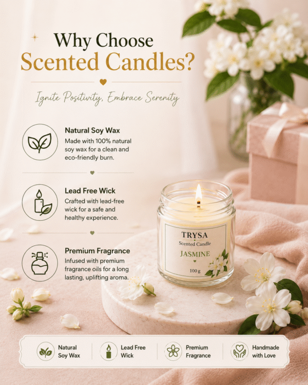 Premium Scented Jasmine Jar Candle| Luxury Candle| Hand Crafted| Natural Soy Wax| Yoga & Meditation Candles| Non Toxic| Smokeless | Romantic Decoration for Diwali, Anniversary, Birthday & Valentine's Day | Gift for Her, Him, Girlfriend & Boyfriend | Trysa candle pack of 1